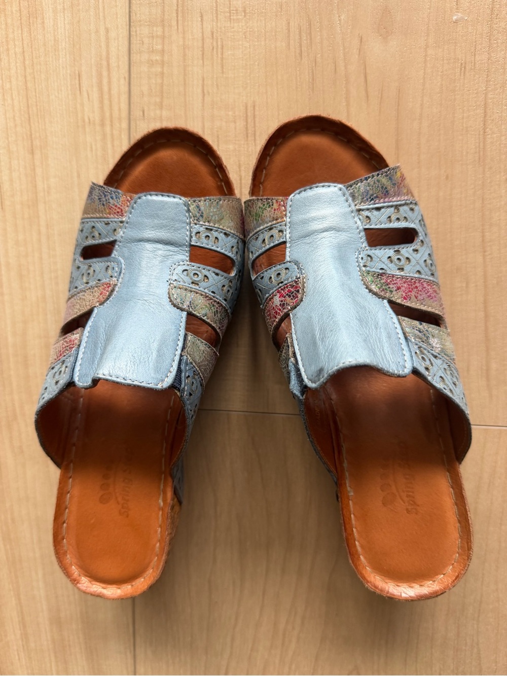 SPRING STEP Light Blue Leather Slip-On Mules with Multicolor Accents